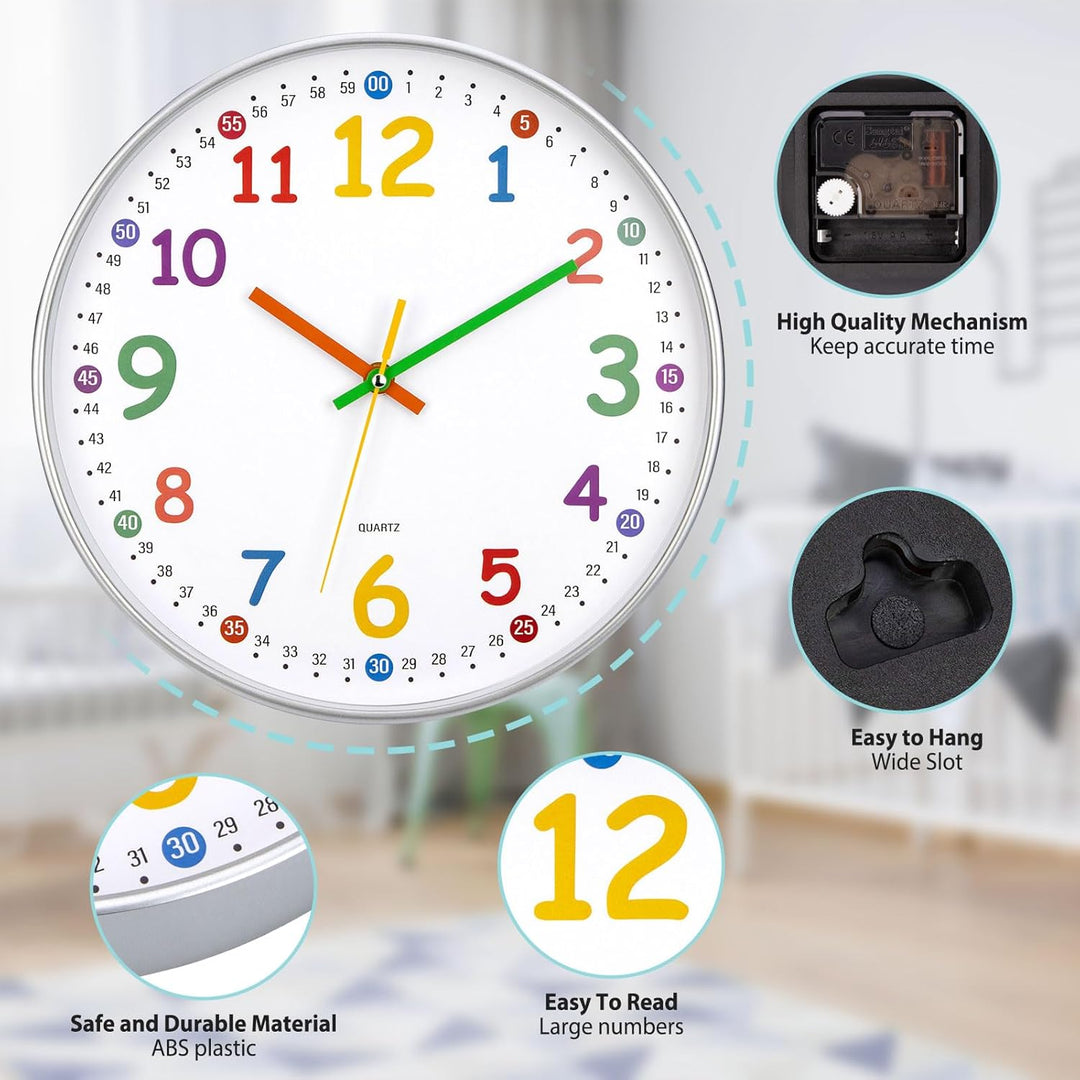 ACCSHINE Kinder Wanduhr ohne Tickgeräusche Lernuhr 30cm 3D Bunt Zahlen Modern Quartz Lautlos Wanduhr