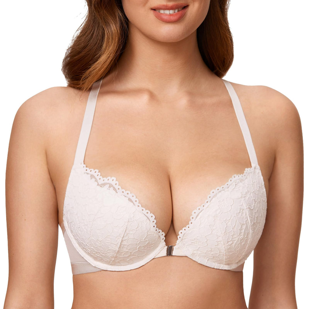 DOBREVA Damen Vorderverschluss BH mit Bügel Push Up Spitzen Neckholder BHS Racerback Tiefer Ausschni