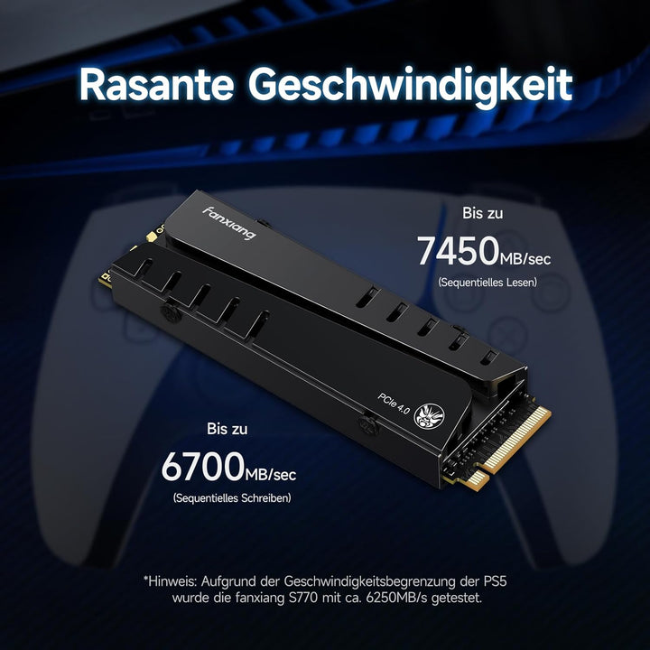 M2 SSD 4TB Nvme M.2 2280 Interne SSD Festplatte PCIe 4.0 mit Kühlkörper, 7450MB/s Lesen, 6800MB/s Sc