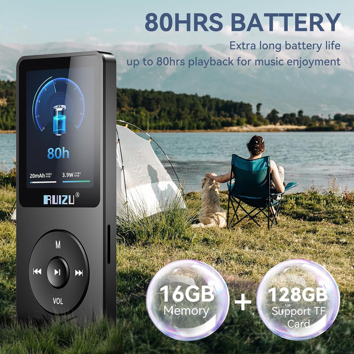 16GB MP3 Player mit Bluetooth 5.3, Ultraleicht (30 Gramm), bis zu 80 Stunden Akkulaufzeit, 1.8-Zoll-