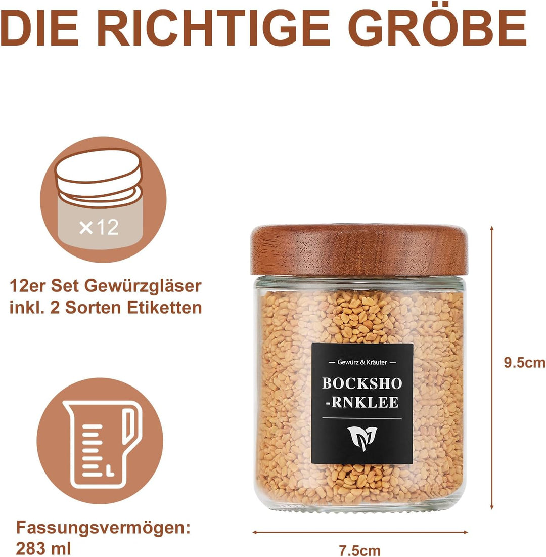 Yangbaga Rund Gewürzgläser 12er Set, 283ml Gewürzdosen Glas Akaziedeckel Gewürzstreuer mit Schraubka