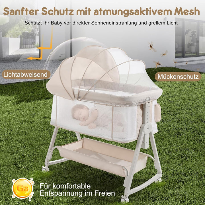 Baby Beistellbett 4-in-1 mit Wiegefunktion, Stubenwagen, 6-Fach Höhenverstellbar, 360° Atmungsaktive