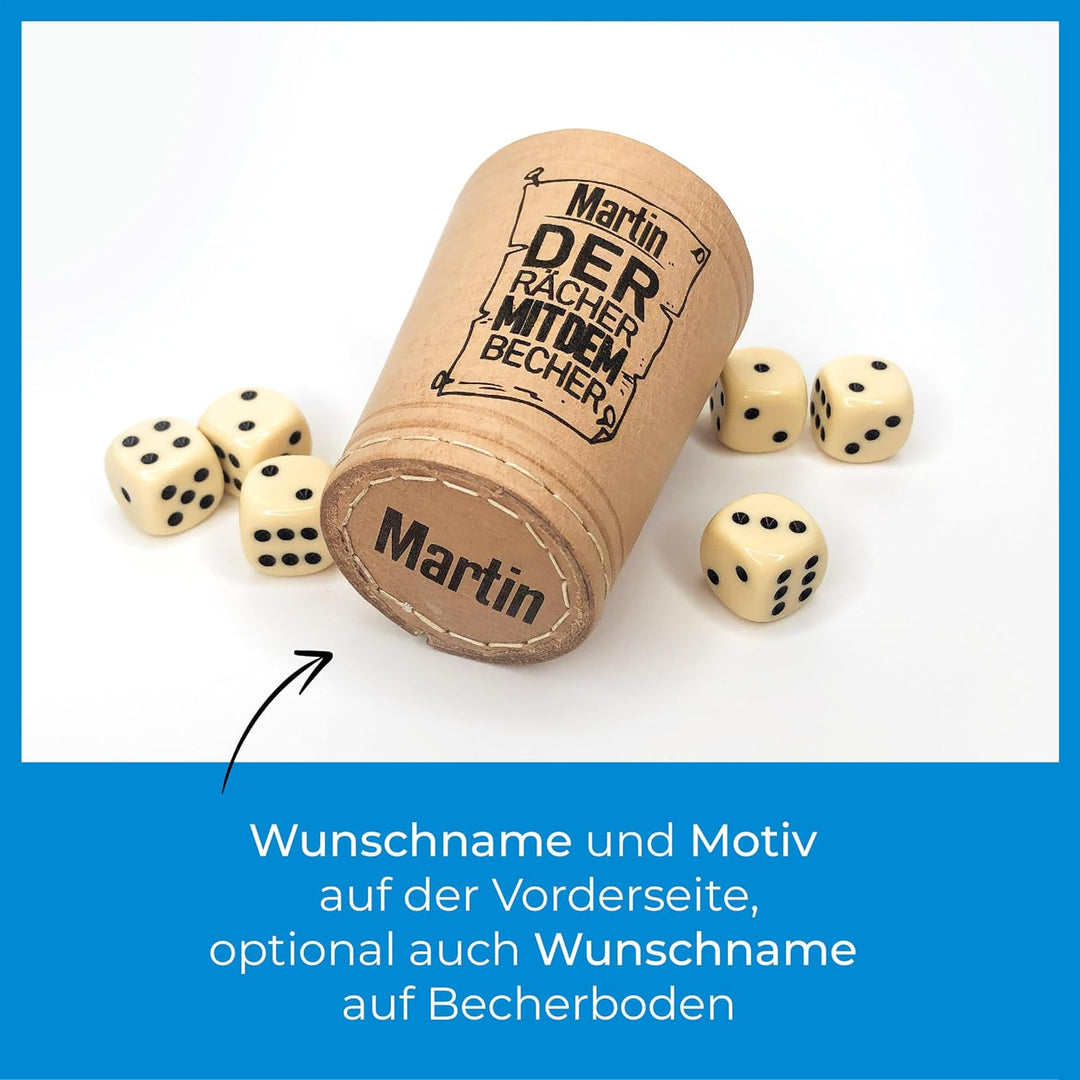 Diamandi Leder Würfelbecher mit Gravur und 6 Würfeln - Personalisiert mit Name + div. Motive zur Aus