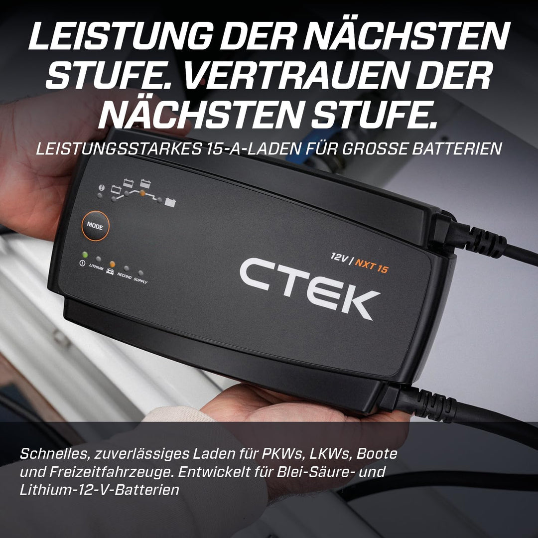 CTEK NXT 15 Smart-Batterieladegerät 12 V, 15 A, Lithium-kompatibel, Rekonditionierungs- und Versorgu