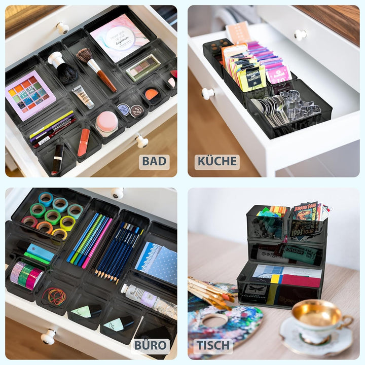 12 teilig schwarz + transparent Schubladen Organizer inkl. Antirutsch-Pads in 4 versch. Grössen | Sc