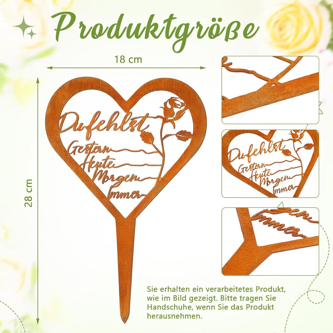 Fiada Wetterfest Grabstecker Herz Grabschmuck Trauerdekoration Metall Stahl Rost Grabstecker mit Spr