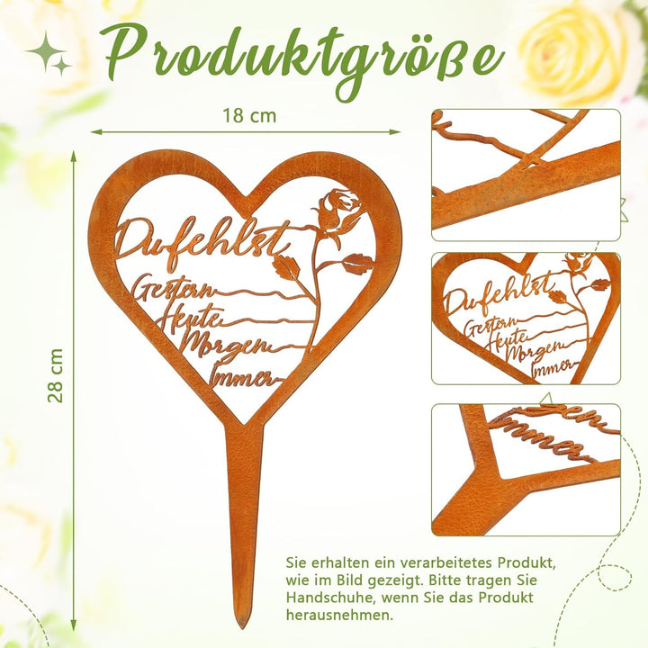Fiada Wetterfest Grabstecker Herz Grabschmuck Trauerdekoration Metall Stahl Rost Grabstecker mit Spr