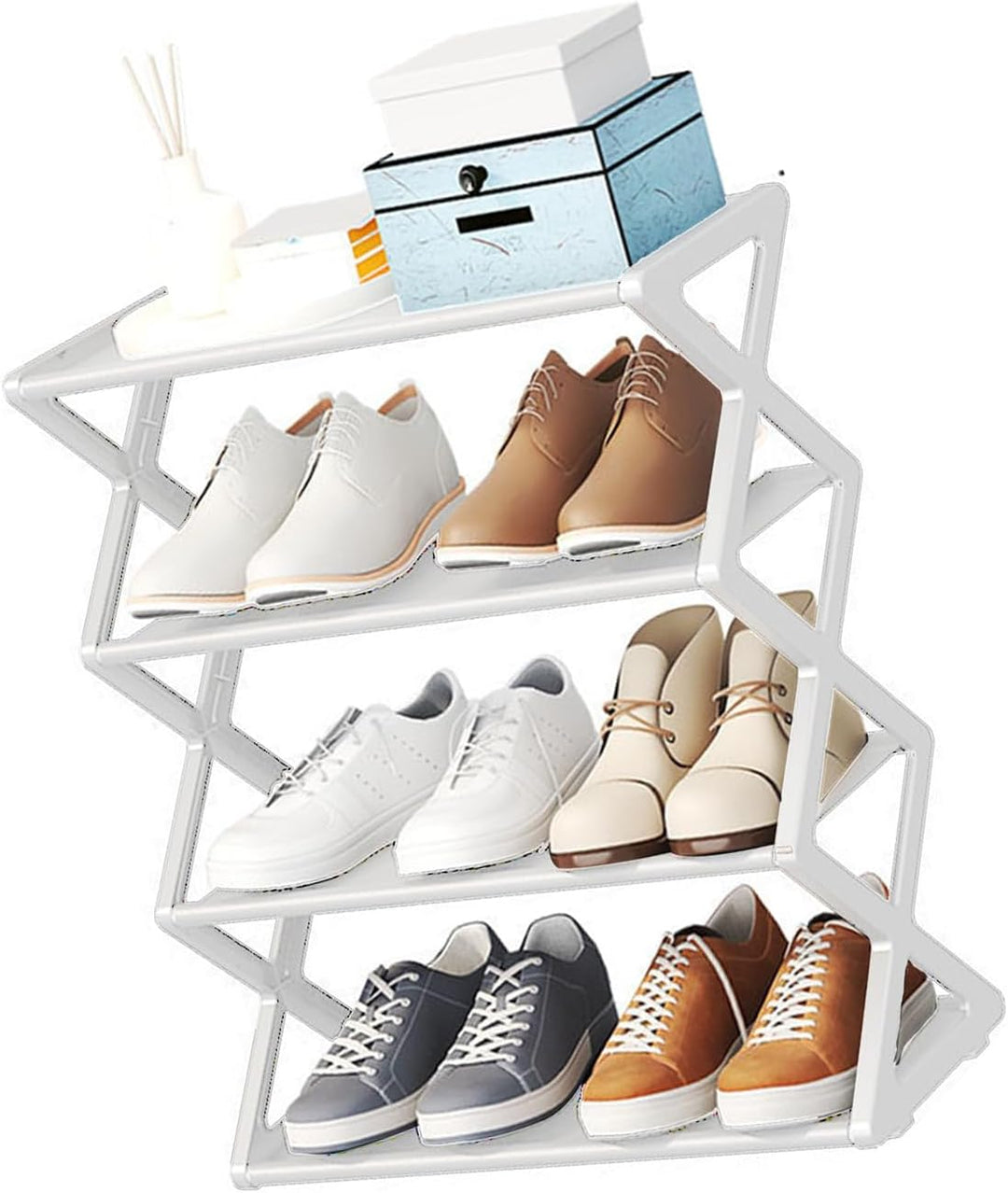 Schuhregal Faltbar, 4 Ebenen, Tragbar, Kunststoff, Weiss, für Flur, Weiss