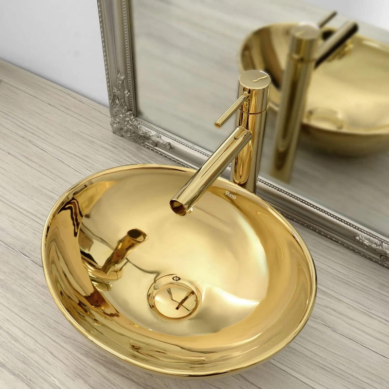 VBChome Waschbecken Gold + Armatur 41 x 35 x 15 cm Kleine Keramik Oval Waschtisch Handwaschbecken Au