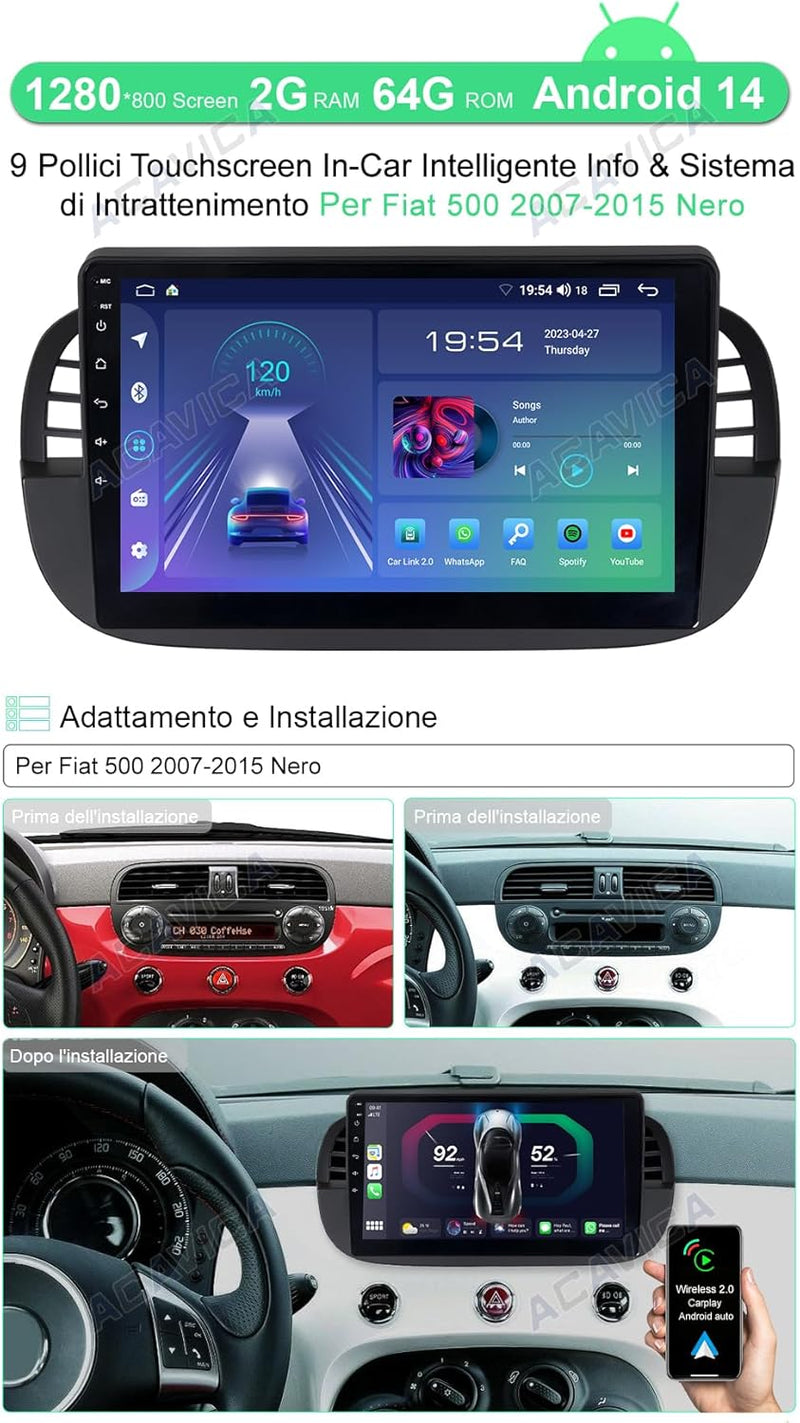 ACAVICA Android 12 Autoradio für FIAT 500 500C 2007-2015 9 Zoll Radio mit GPS Navigation Wireless Ca