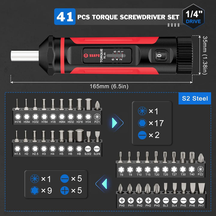VANPO Drehmomentschraubendreher 1/4 Zoll, 1-6Nm Kleiner Drehmomentschlüssel Schraubendreher, Drehmom