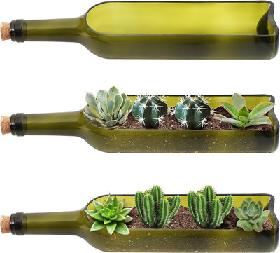 BELLE VOUS 3er Pack Glas Weinflasche Sukkulente Blumenkasten Vintage Blumentopf - L32 x B7,1 cm Oval