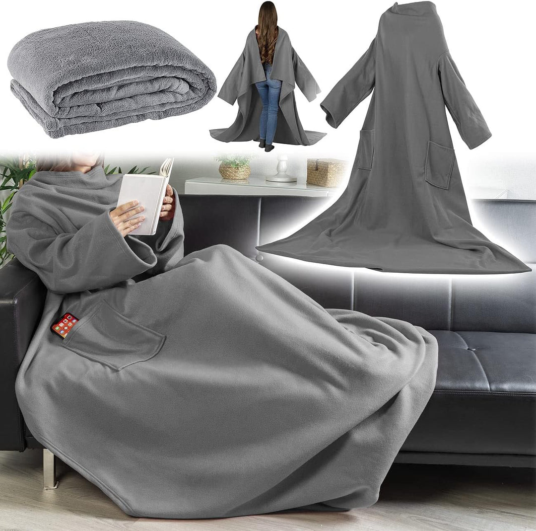 Wilson Gabor Decke mit Ärmeln: Fleece-Kuscheldecke mit Ärmeln, Mikrofaser, anthrazit, 150 x 200 cm (