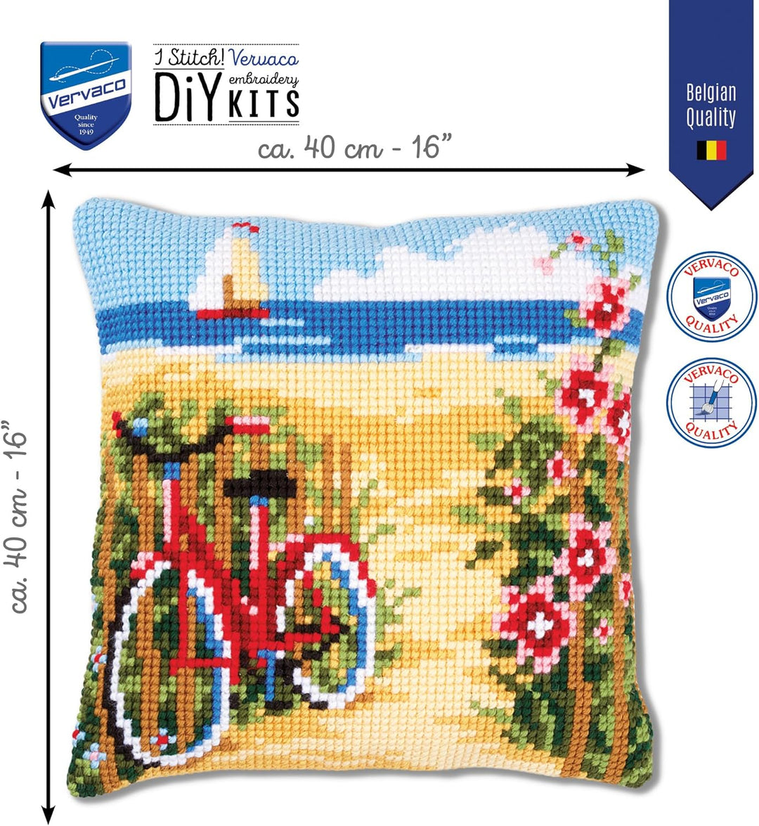 Vervaco Kreuzstichkissen Fahrrad am Strand, Stickbild vorgezeichnet Kreuzstichpackung Kissen, vorbez