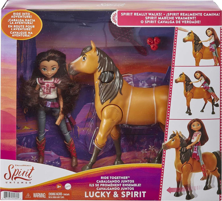 Dreamworks Spirit GXF95 - Reitabenteuer Set mit Lucky Puppe (17,78 cm) & Pferd Spirit (20,32 cm), Sp