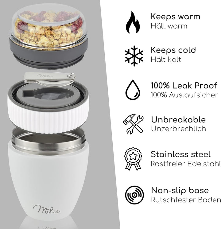 Milu Müslibecher to go 400ml I isolierter Edelstahl Joghurtbecher für Müsli I auslaufsicherer Becher