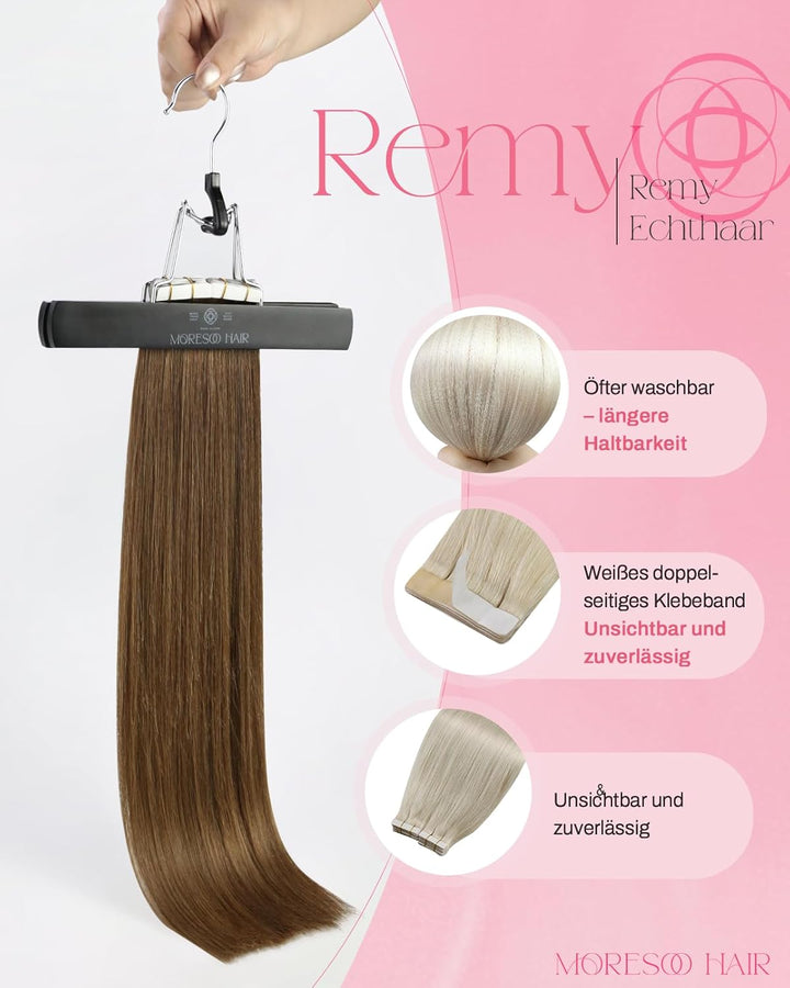 Moresoo Tape in Extensions Echthaar Braun 60cm Remy Echthaar Extensions Tape Haarverlängerungen Dick