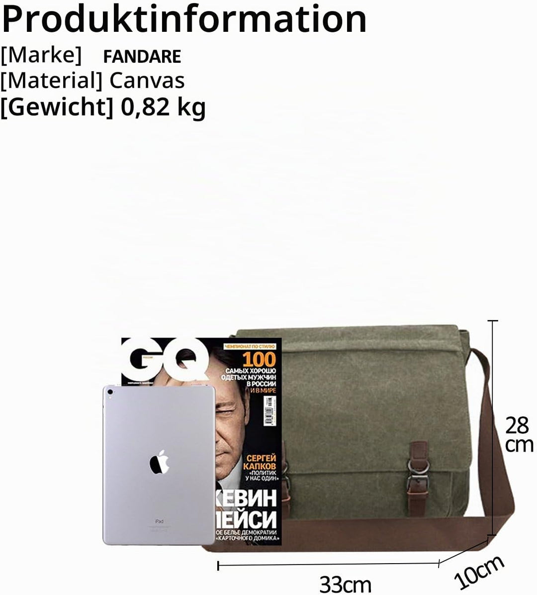 FANDARE Retro Umhängetasche Segeltuch Schultertasche Herren Damen Lehrertasche Briefträgertasche für
