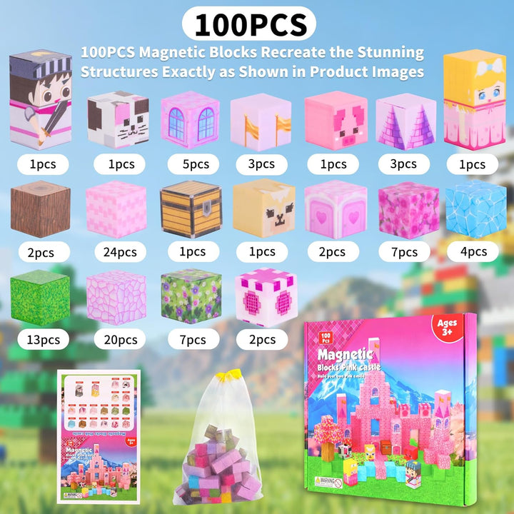 MEESHEEP Magnetische Bausteine Pink Schloss, Baue Genau Die Abgebildeten Modelle | STEM Montessori-S