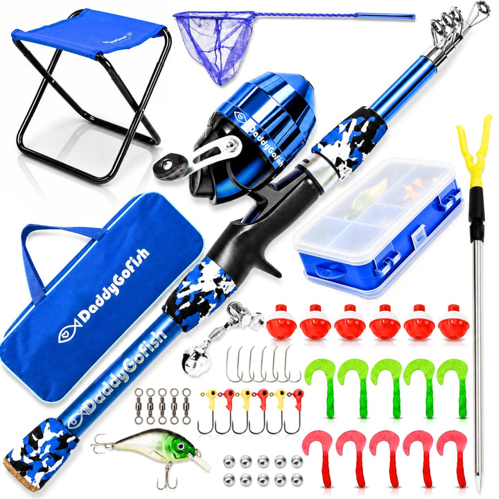 DaddyGoFish Kinder Angelset - Teleskoprute &amp; Rolle Combo mit Klappstuhl, Rutenhalter, Tackle Box, Kö