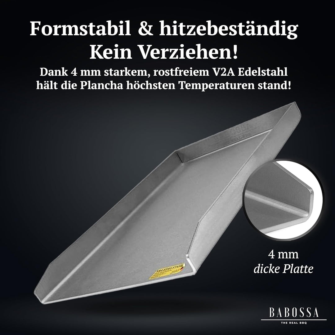BABOSSA Grill Plancha aus V2A Edelstahl – Erstklassige Verarbeitung & perfekte Hitzeverteilung – kom