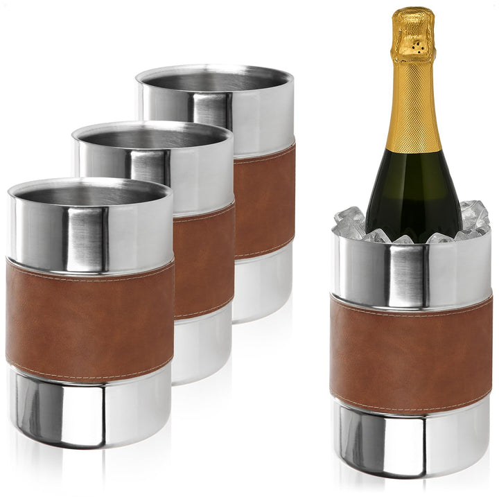 com-four® 4x Sektkühler mit Kunstleder-Band - Flaschenkühler für Sekt und Wein - Eiswürfelkübel aus