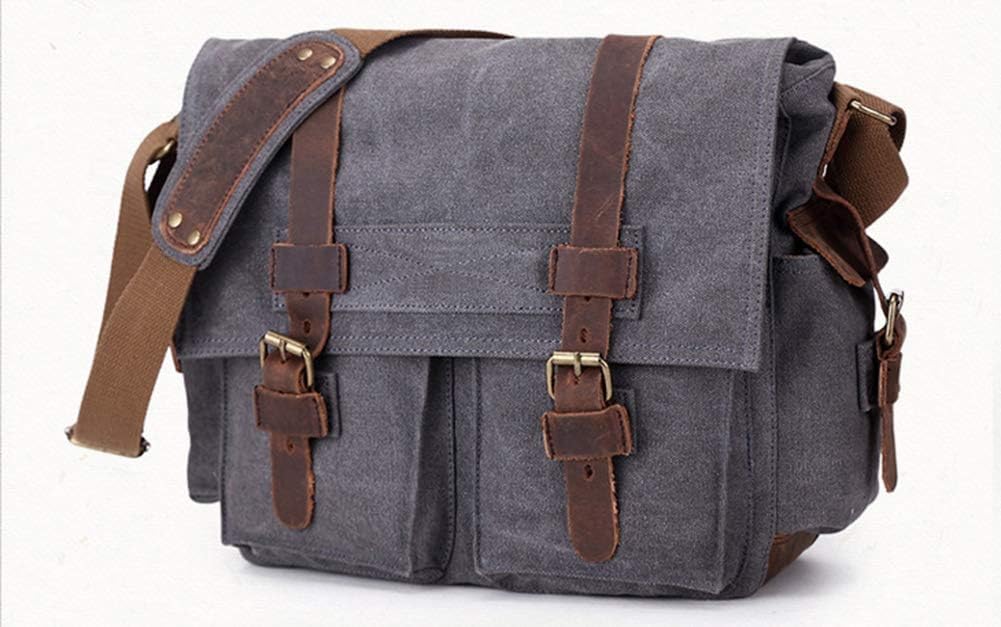 Sechunk Vintage Militär Leder Umhängetasche Canvas Laptop Tasche Retro Messenger Taschen Medium--15‘
