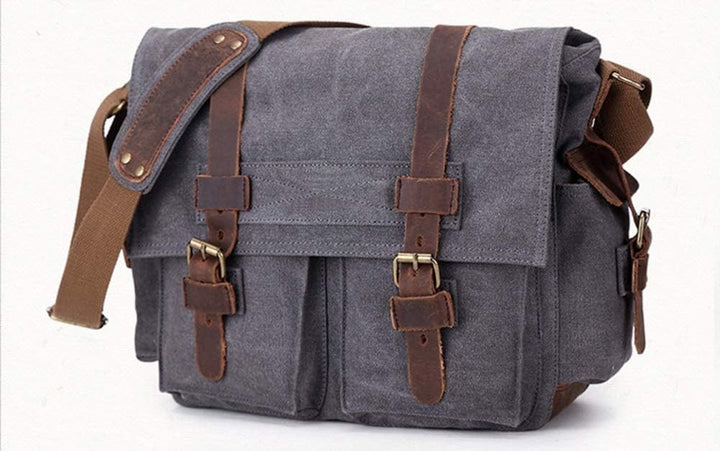 Sechunk Vintage Militär Leder Umhängetasche Canvas Laptop Tasche Retro Messenger Taschen Medium--15‘