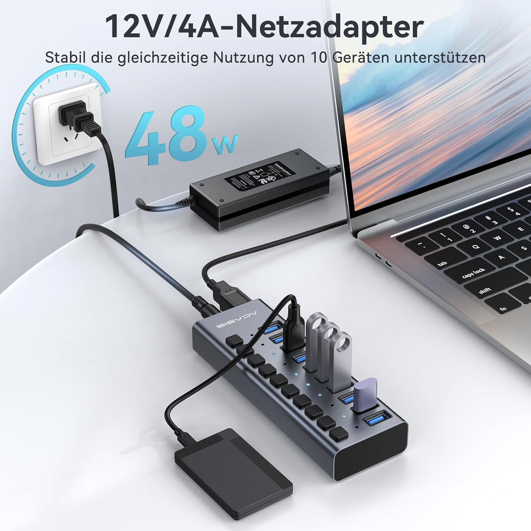 ACASIS Powered USB Hub,10 Ports USB 3.1 Hub mit 10Gbps Data Speed, Individuellen On/Off Schalter, 12