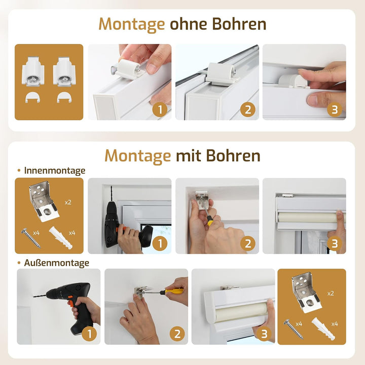 Grandekor Rollo Elektrisch 75x120cm Creme, Elektrisches Verdunklungsrollo Klemmfix ohne/mit Bohren,