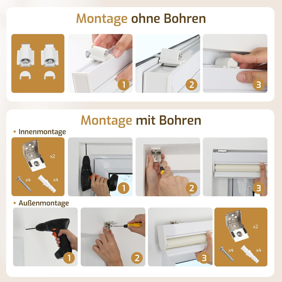 Grandekor Rollo Elektrisch 95x120cm Creme, Elektrisches Verdunklungsrollo Klemmfix ohne/mit Bohren,