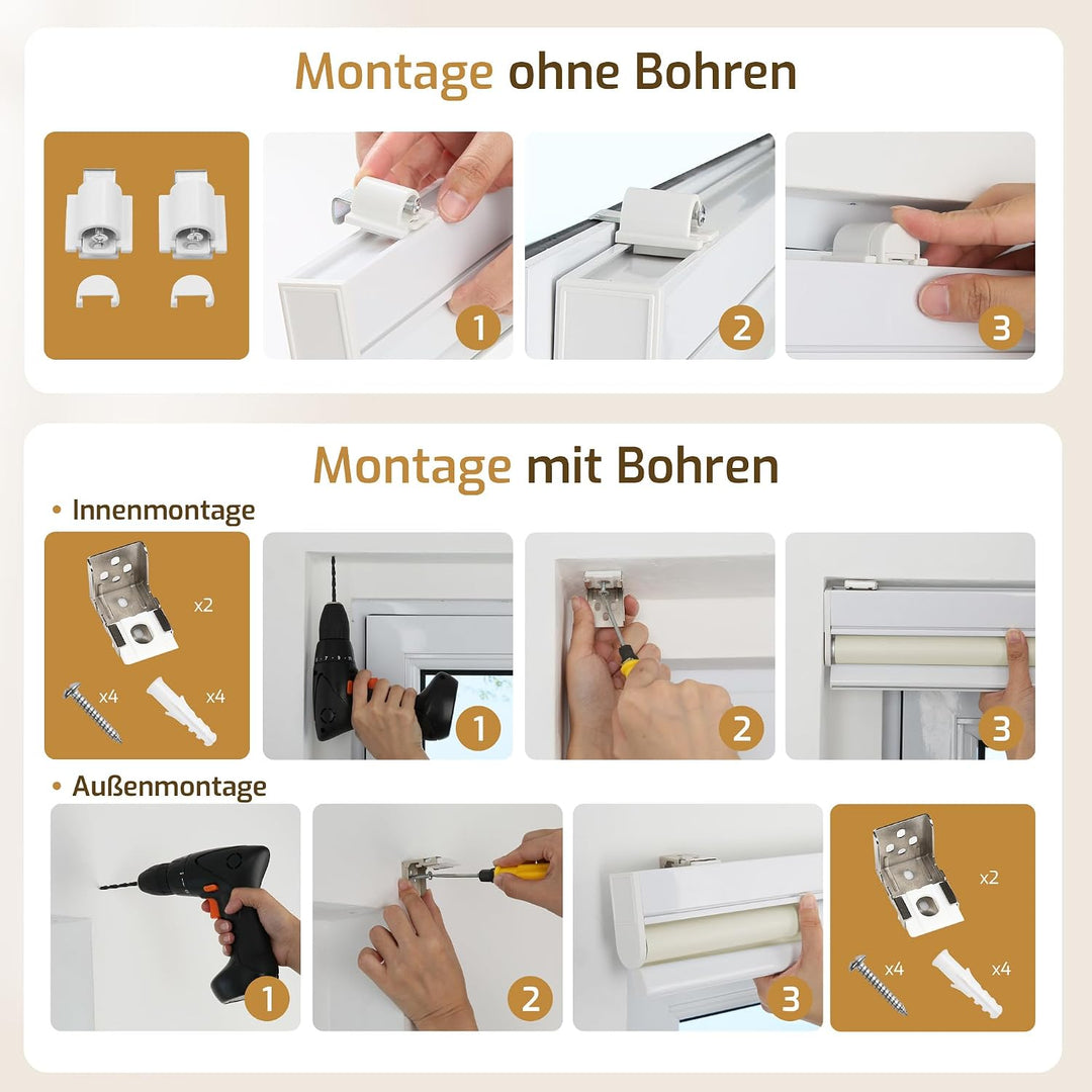 Grandekor Rollo Elektrisch 95x120cm Creme, Elektrisches Verdunklungsrollo Klemmfix ohne/mit Bohren,
