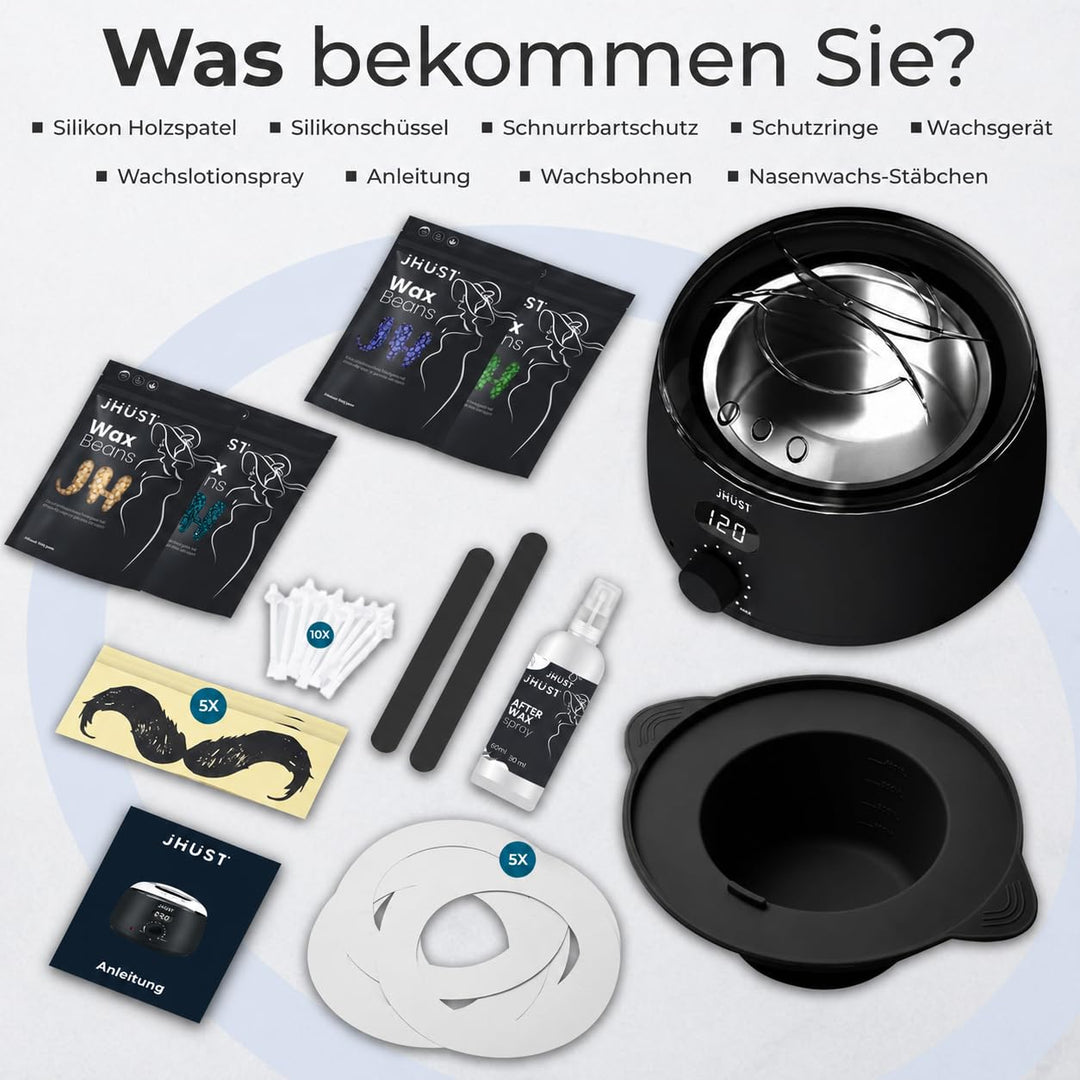 Wachswärmer-Set Schwarz mit 400g Wachsperlen & viel Zubehör, inkl. After-Wachs-Spray, Wachsset Waxin