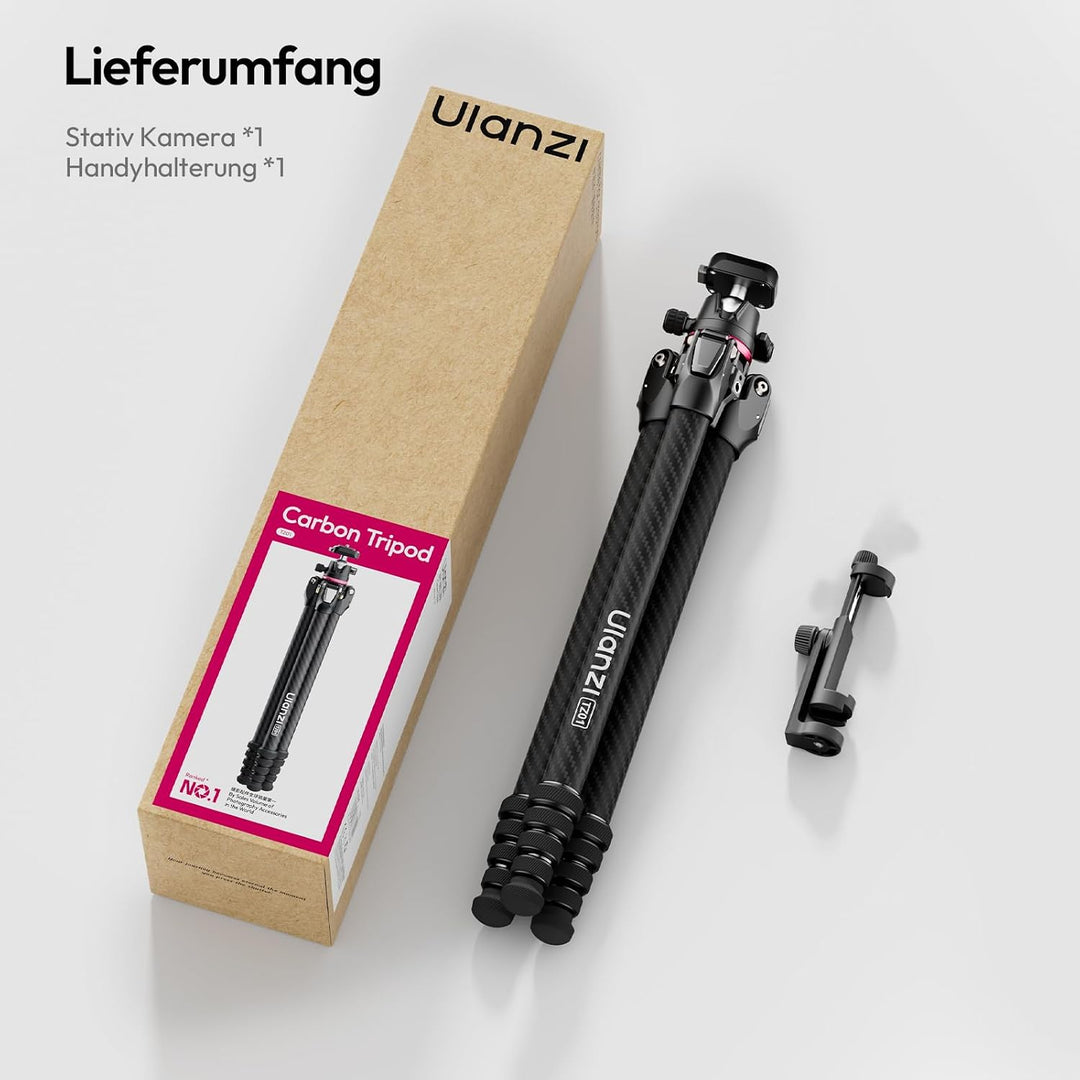 ULANZI TZ01 Carbon Stativ Kamera 160cm, Abnehmbare Mittelachse als Mini Stativ, 360° Kugelkopf mit H