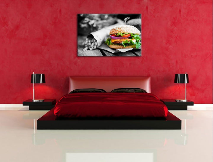 perfekter Burger mit Pommes schwarz/weiss Format: 100x70 auf Leinwand, XXL riesige Bilder fertig ger
