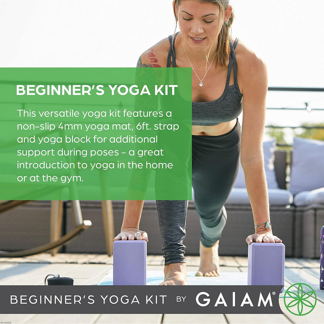 Gaiam Beginner's Yoga Starter Kit Set (Yoga Mat, Yoga Block, Yoga Strap) - Light 4mm Thick Printed N