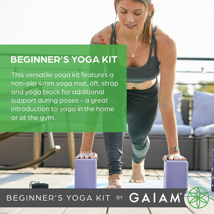 Gaiam Beginner's Yoga Starter Kit Set (Yoga Mat, Yoga Block, Yoga Strap) - Light 4mm Thick Printed N