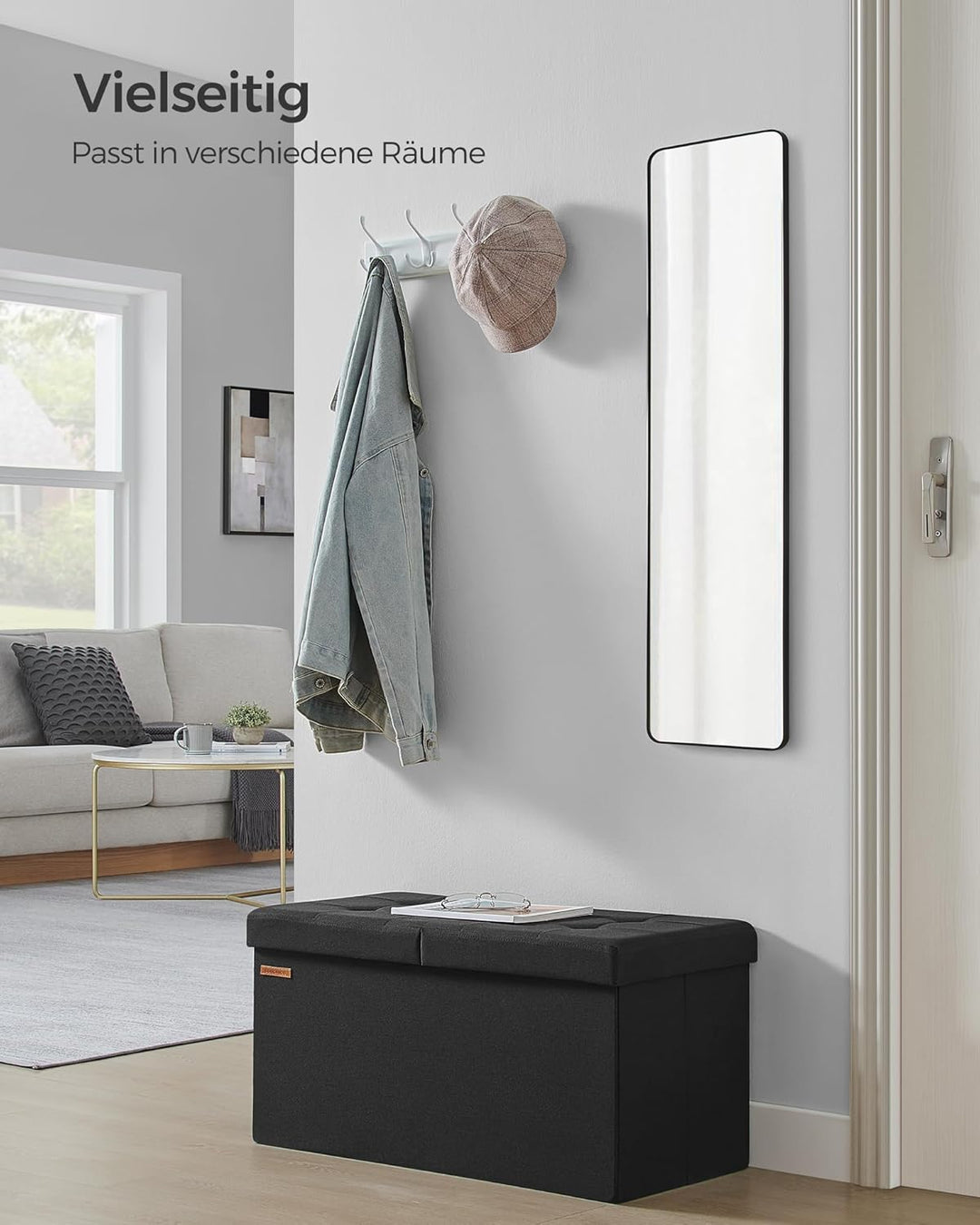 SONGMICS Sitzbank mit Stauraum, klappbare Sitztruhe, Aufbewahrungsbox, 38 x 76 x 38 cm, Deckel klapp