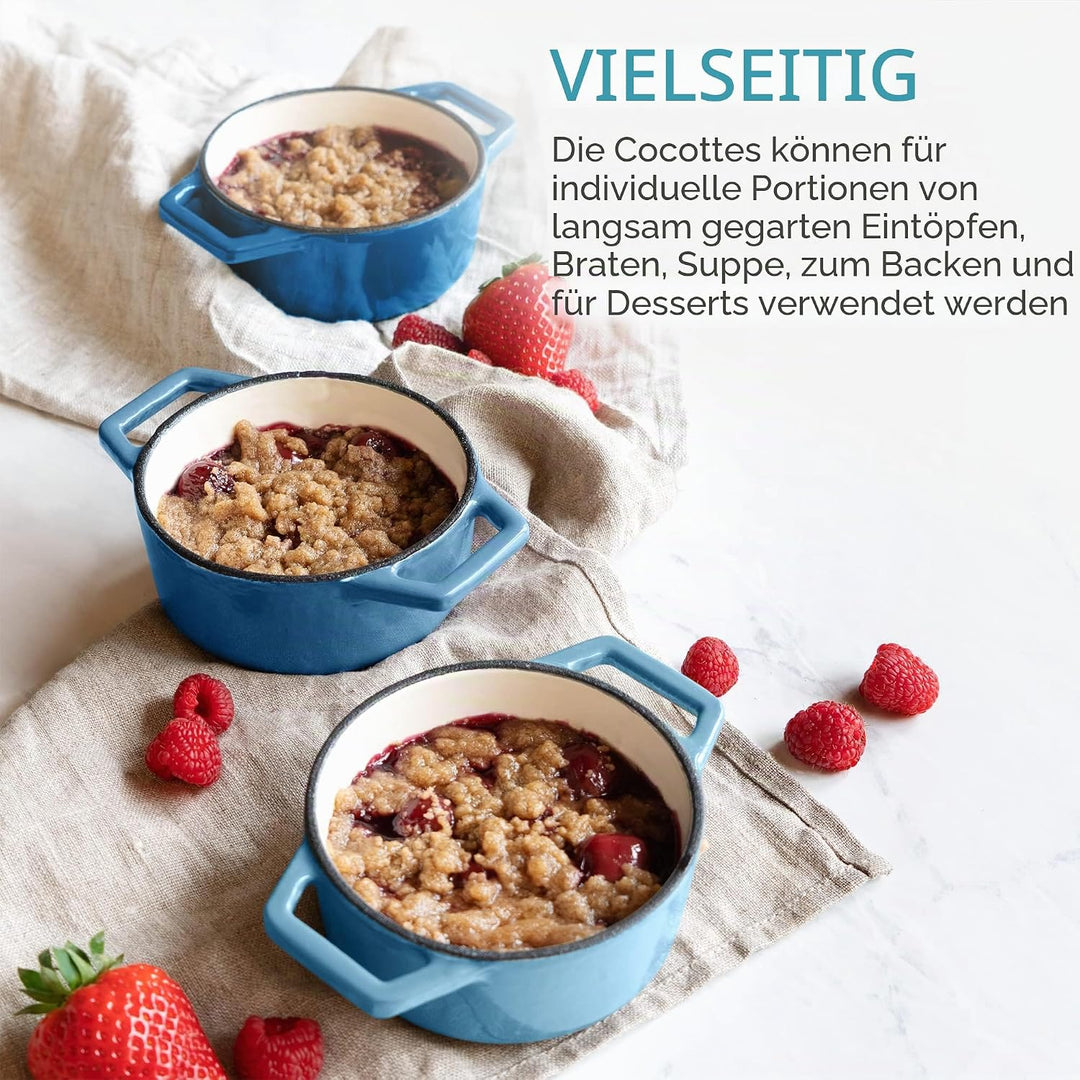 Navaris Mini Cocotte Set - 4x Gusseisen Mini Topf Blau - Optimale Wärme Distribution - Mini Auflauff