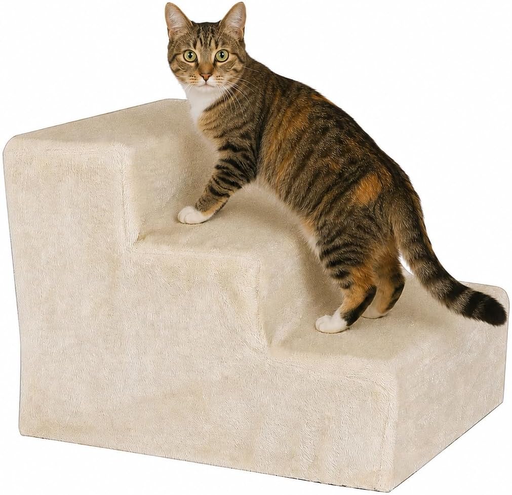 lionto Haustiertreppe Katzentreppe Hundetreppe mit Plüschbezug Farbe Beige Treppe, Beige
