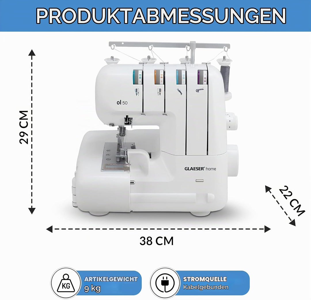 GLAESERhome | Overlock Nähmaschine ol 50 | Näht u. Schneidet in einem Arbeitsschritt | Overlock Masc
