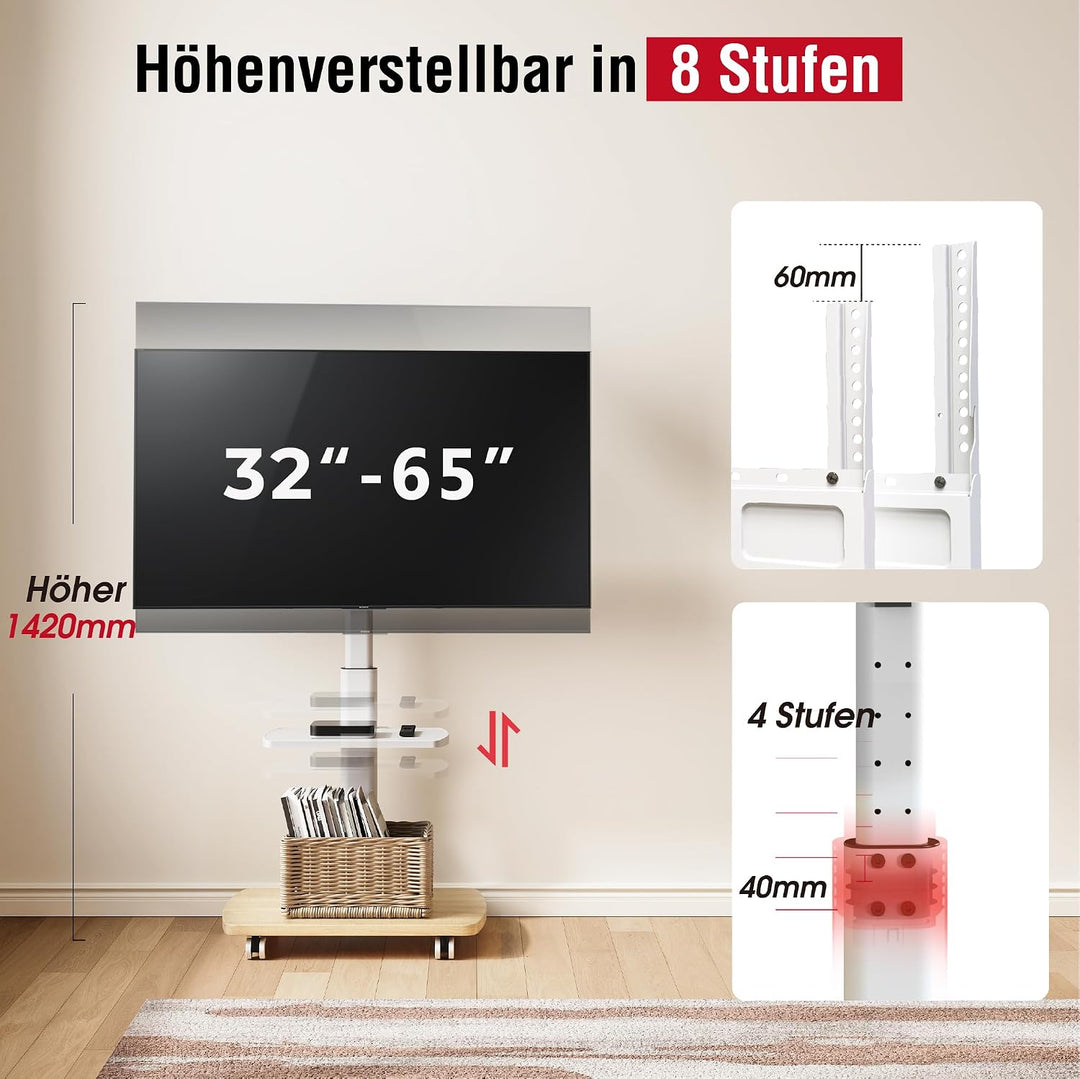 AOKCOS TV Ständer Rollbar mit Holzablage Regal, Fernsehständer auf Rollen für 32-65 Zoll Fernseher,