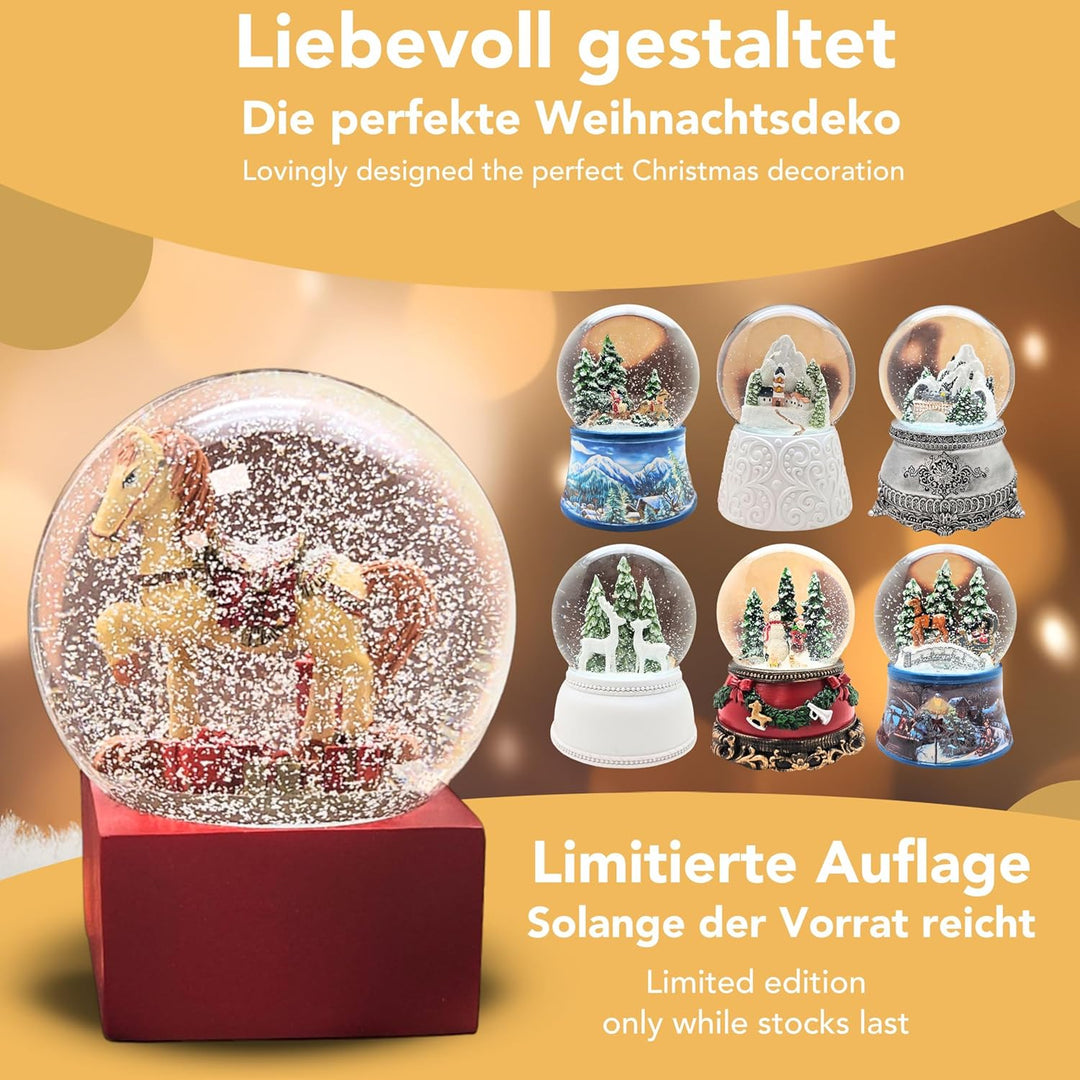 Schneekugel Weihnachten | Schaukelpferd Geschenke | Sockel rot | Höhe: 12cm Breite 10 cm | 20299 (Sc