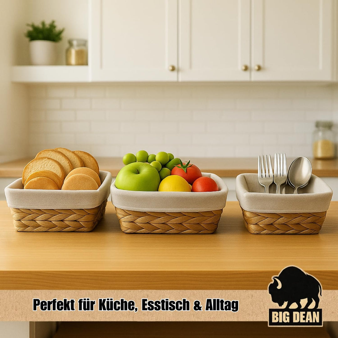 BigDean 3er Set Brötchenkorb Brotkörbchen Brotkorb modern geflochten aus Seegras mit Leinentuch