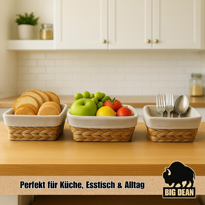 BigDean 3er Set Brötchenkorb Brotkörbchen Brotkorb modern geflochten aus Seegras mit Leinentuch