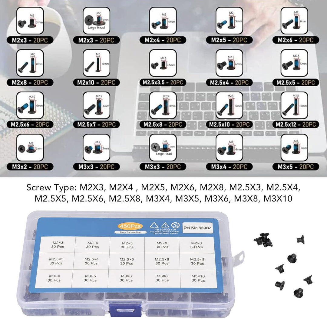 Goshyda 450 Stück Laptop-Schrauben, M2X3 M2X4 M2X5 M2X6 M2X8 M2.5X3 M2.5X4 M2.5X5 M2.5X6 M2.5X8 M3X4