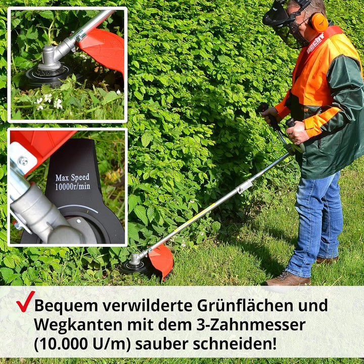 HECHT 2-Takt Benzin Motorsense Freischneider Rasentrimmer mit Messer und Doppel Faden Spule, 43 cm u