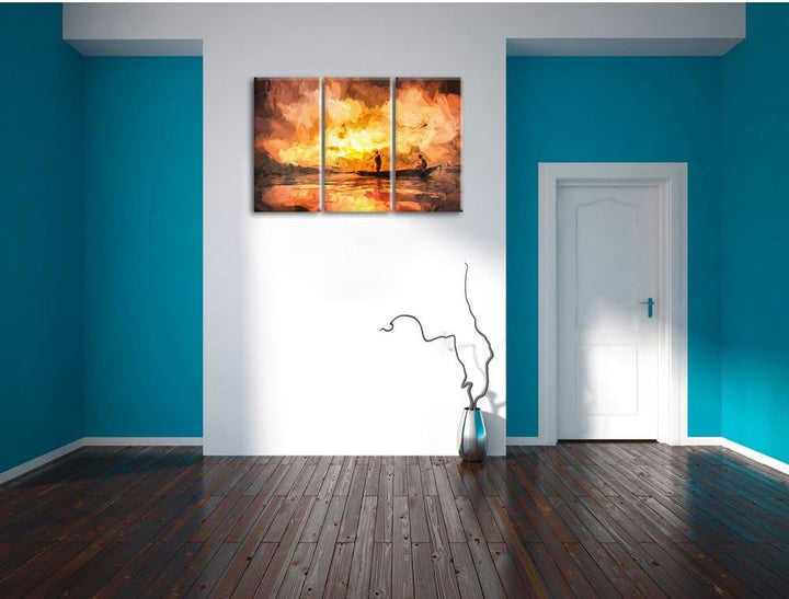 Pixxprint Fischer am fischen mit Wurfnetz als Leinwandbild/Grösse: 3 Teilig (120x80) cm/Wandbild/Kun