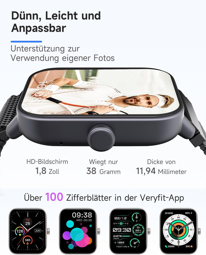 TOOBUR Smartwatch Damen Herren mit Alexa und Telefonfunktion, 1,8" Fitnessuhr mit 100 Sports, 24/7 P