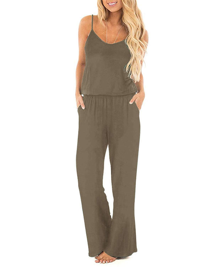 OUGES Damen Sommer Ärmellos Jumpsuit Overall Lang Hosenanzug Casual Playsuit Romper mit Taschen M Ka